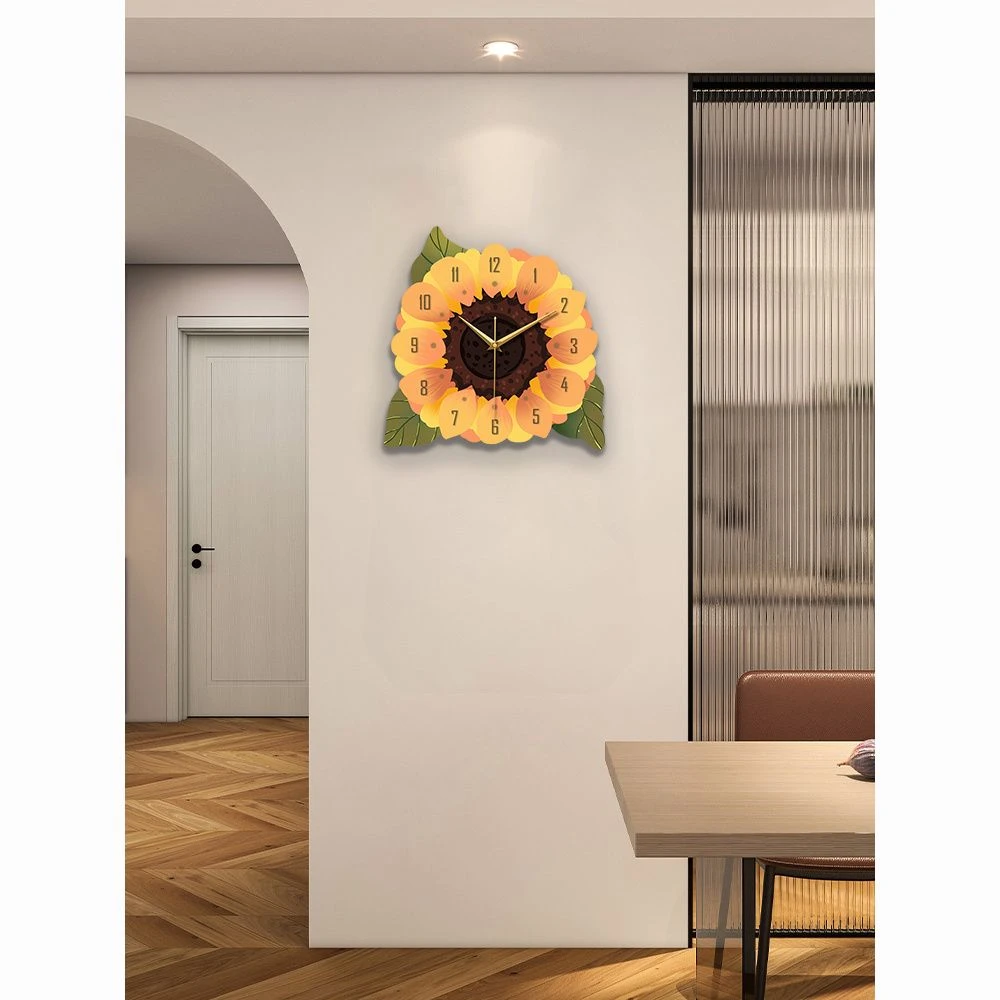 卡通向日葵北欧餐厅装饰画带钟表画客厅饭厅挂钟现代餐桌壁画q20