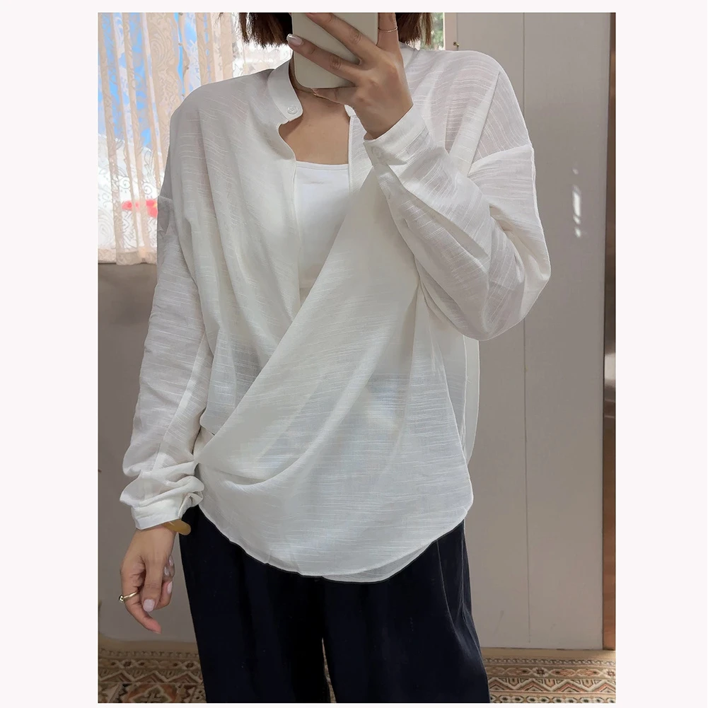 ZR085秋季新款纯色女士不规则休闲圆领长袖衬衫