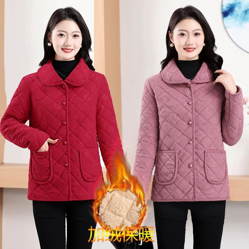 妈妈装冬季灯芯绒加绒加厚棉衣外套新款保暖上衣大码时尚棉服