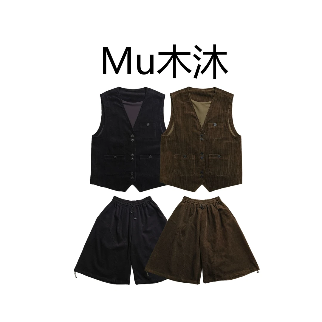 Mu木沐♠新品灯芯绒工装马甲松紧带抽绳灯芯工装裤套装