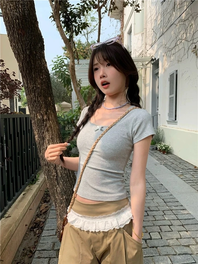 蕾丝花边白色短袖T恤女夏季韩版2025新款修身显瘦内搭打底上衣ins
