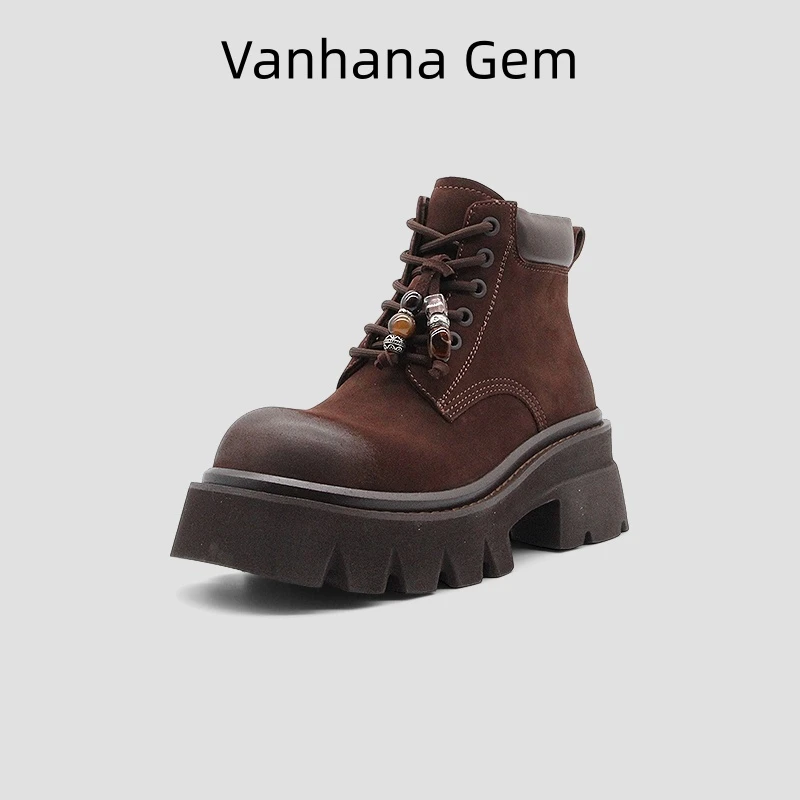 VANHANA GEM 2025新款系带牛皮潮酷马丁靴女英伦风复古短筒靴