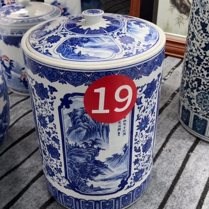 陶青花四面开窗陶瓷山水画米缸大号