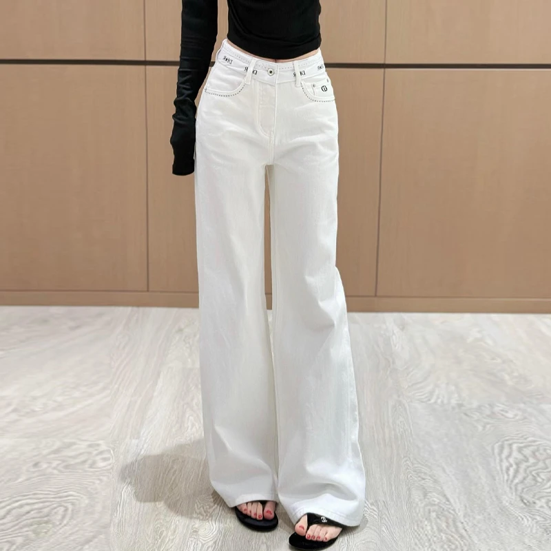 【C384】撞色字母高腰直筒阔腿牛仔长裤女早春新款宽松显瘦拖地裤子