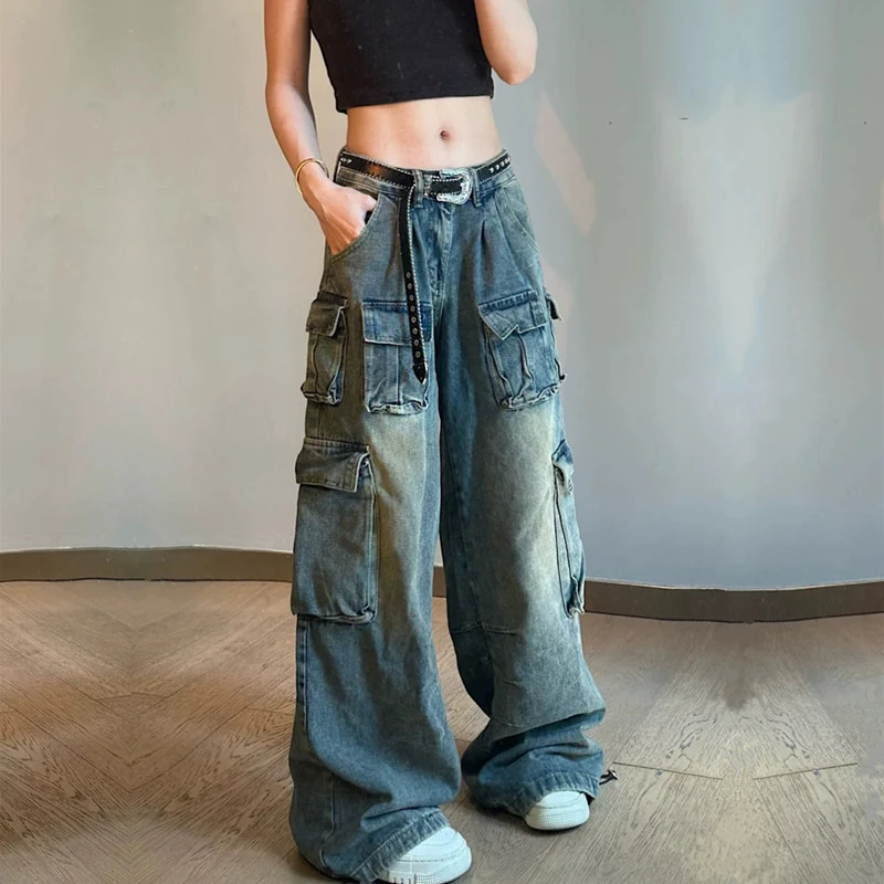 美式y2k千禧辣妹多口袋工装牛仔裤女做旧设计感直筒坠感拖地裤子