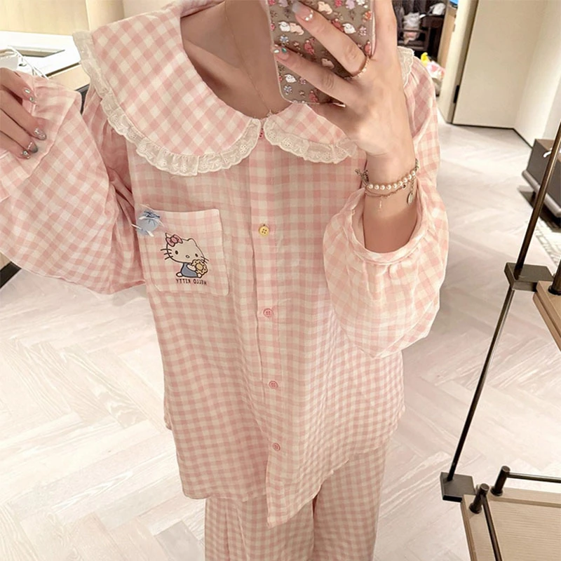 格子kitty猫睡衣女春秋季云朵棉绸长袖夏天2025新款甜美风家居服