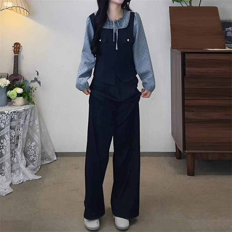 今年流行韩系套装2025秋季新款时尚波点假两件衬衫阔腿裤两件套潮