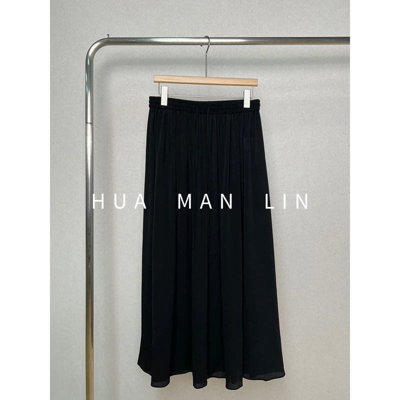 【花滿林】全松紧腰抽绳前开叉鬼绉真丝桑蚕丝半身裙259155