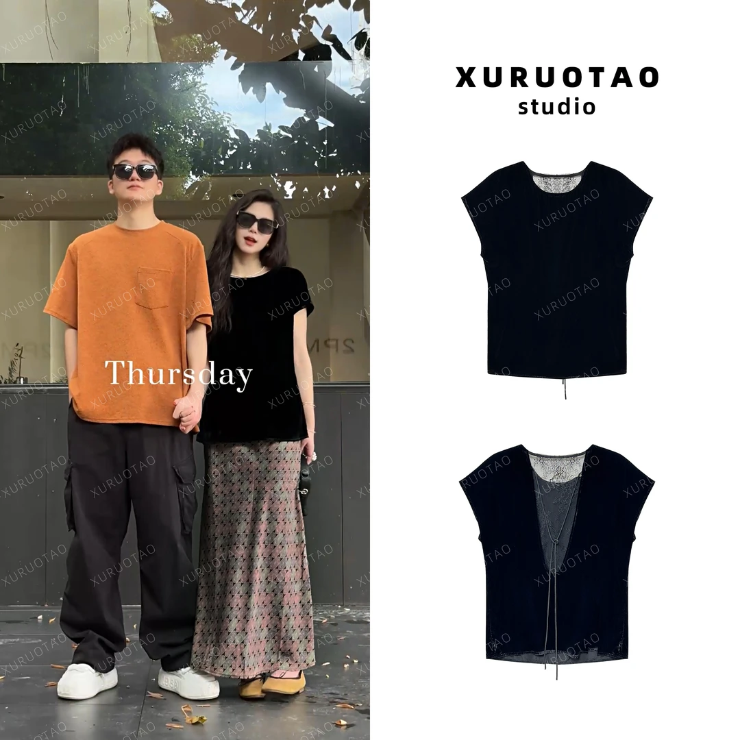 XURUOTAO【黑缪斯】100人丝镂空蕾丝丝绒黑色上衣（背面更好看）T5436