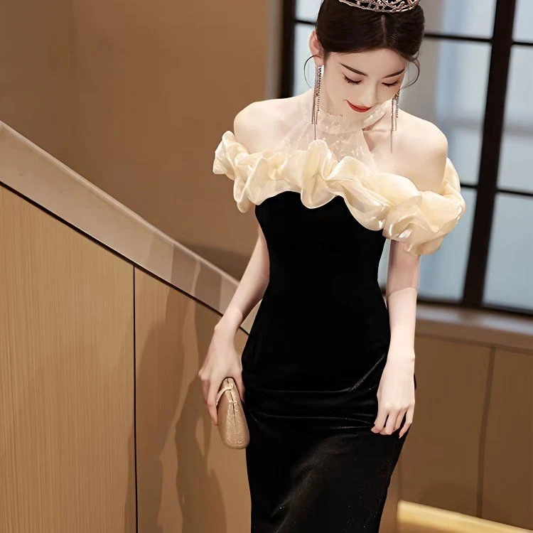 宴会气质晚礼服裙女年会黑色鱼尾裙法式高端轻奢一字肩主持人高级