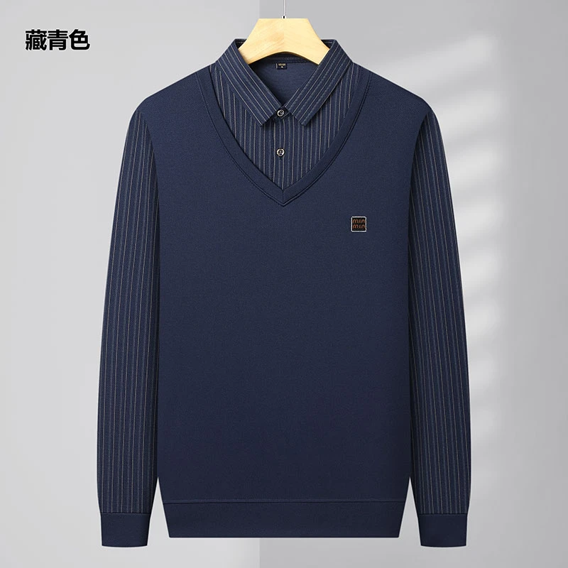 男士毛衣春秋款新款假两件长袖衬衫领休闲男装上衣薄款打底针织衫