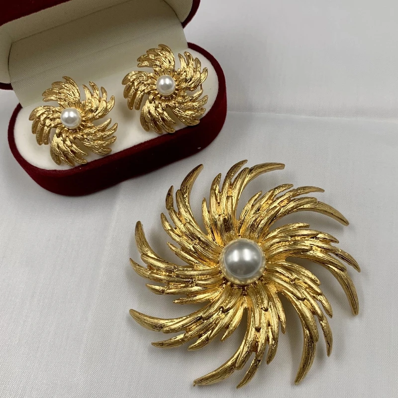 合金胸针 [古米]复古百搭优雅宫廷风金色烟花胸针饰品耳钉套装