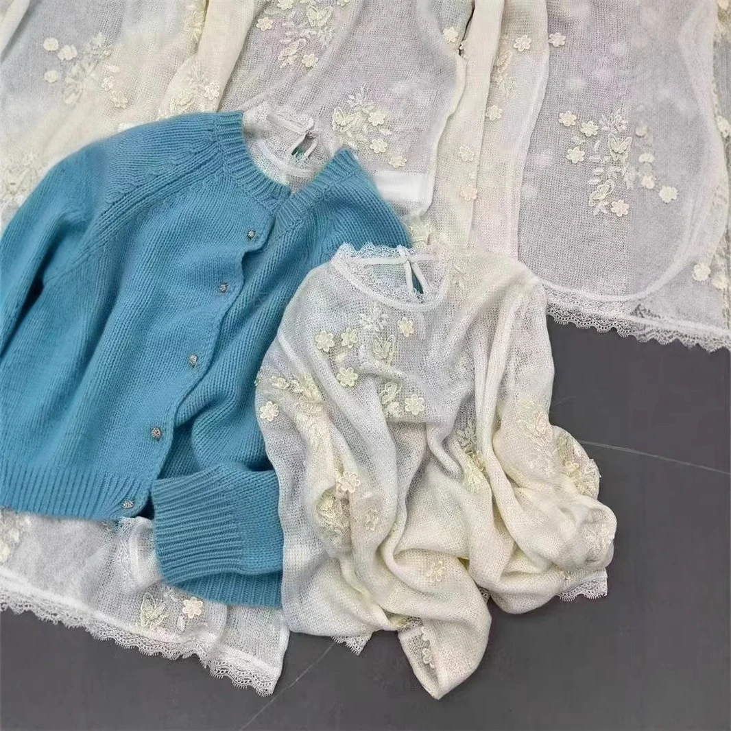 【简知】25215-114  “梨花开”蕾丝花边镂空刺绣长袖针织衫