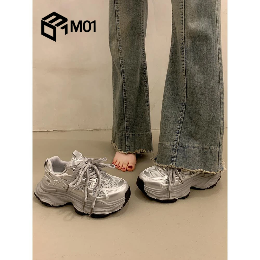 M01爆款百搭厚底老爹鞋女小个子增高超火新款秋季银色运动休闲鞋