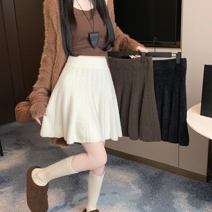 7811秋冬季新款百褶裙显瘦百搭韩版针织短裙高腰保暖A字半身裙子