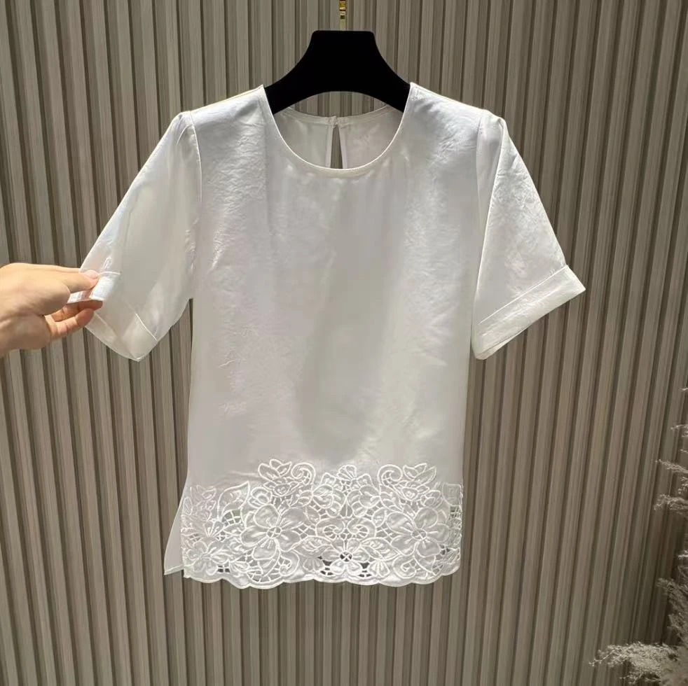 新中式短袖国风提花刺绣镂空显瘦下摆碎花衬衣