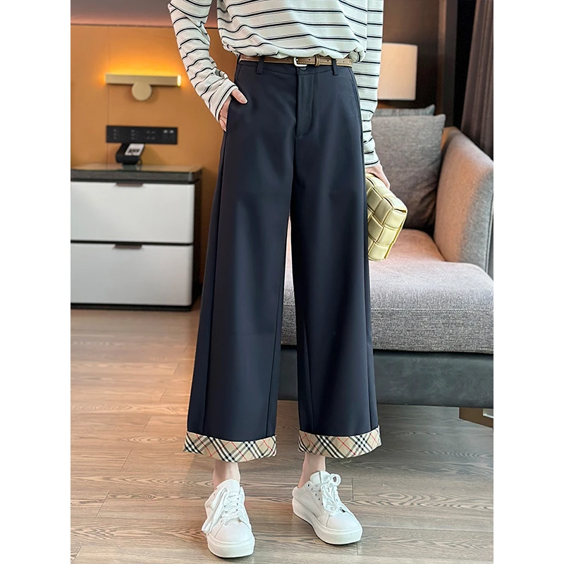 左左家 配送腰带~格纹翻边休闲垂感羊毛直筒裤女春气质九分阔腿裤