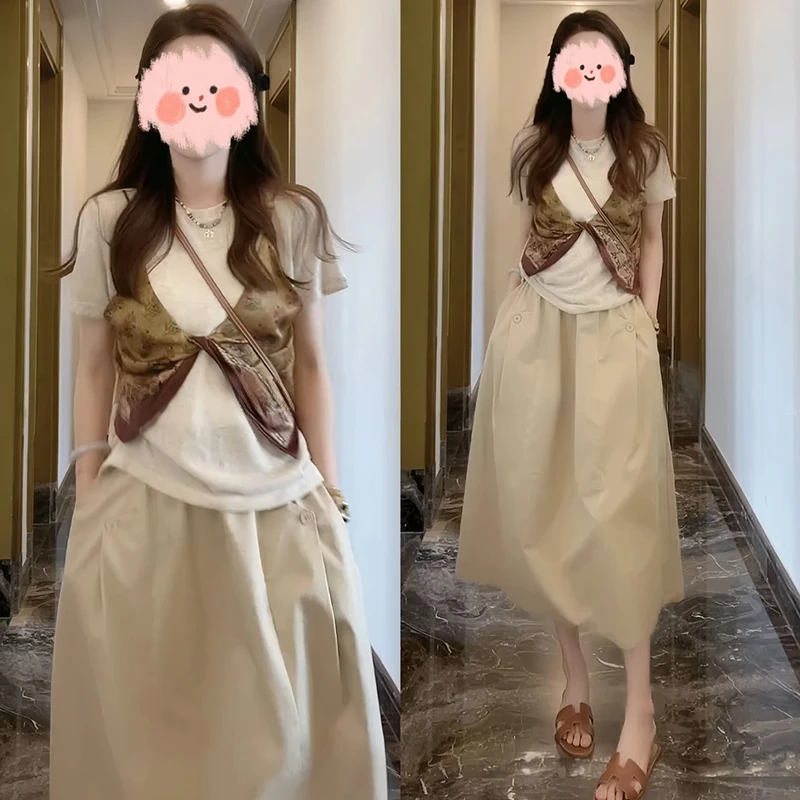 夏季新款复古拼接假两件短袖t恤女设计感小众宽松减龄超好看上衣