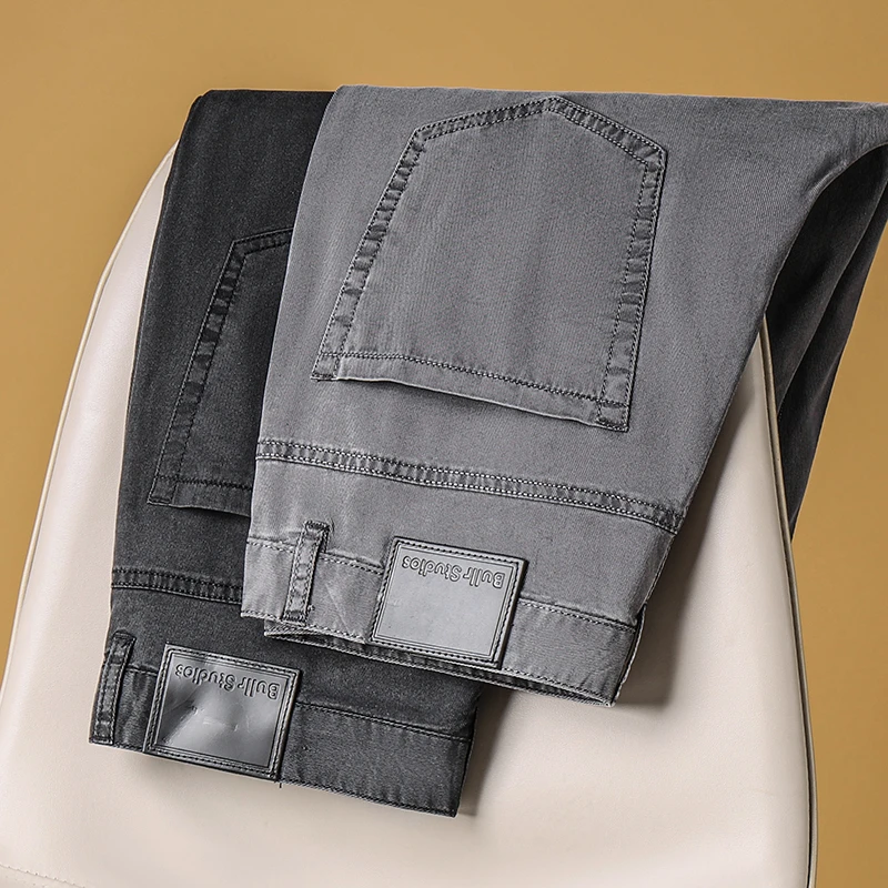 超薄冰感透气夏季商务休闲长裤烟灰色水洗柔软弹力天丝男士牛仔裤