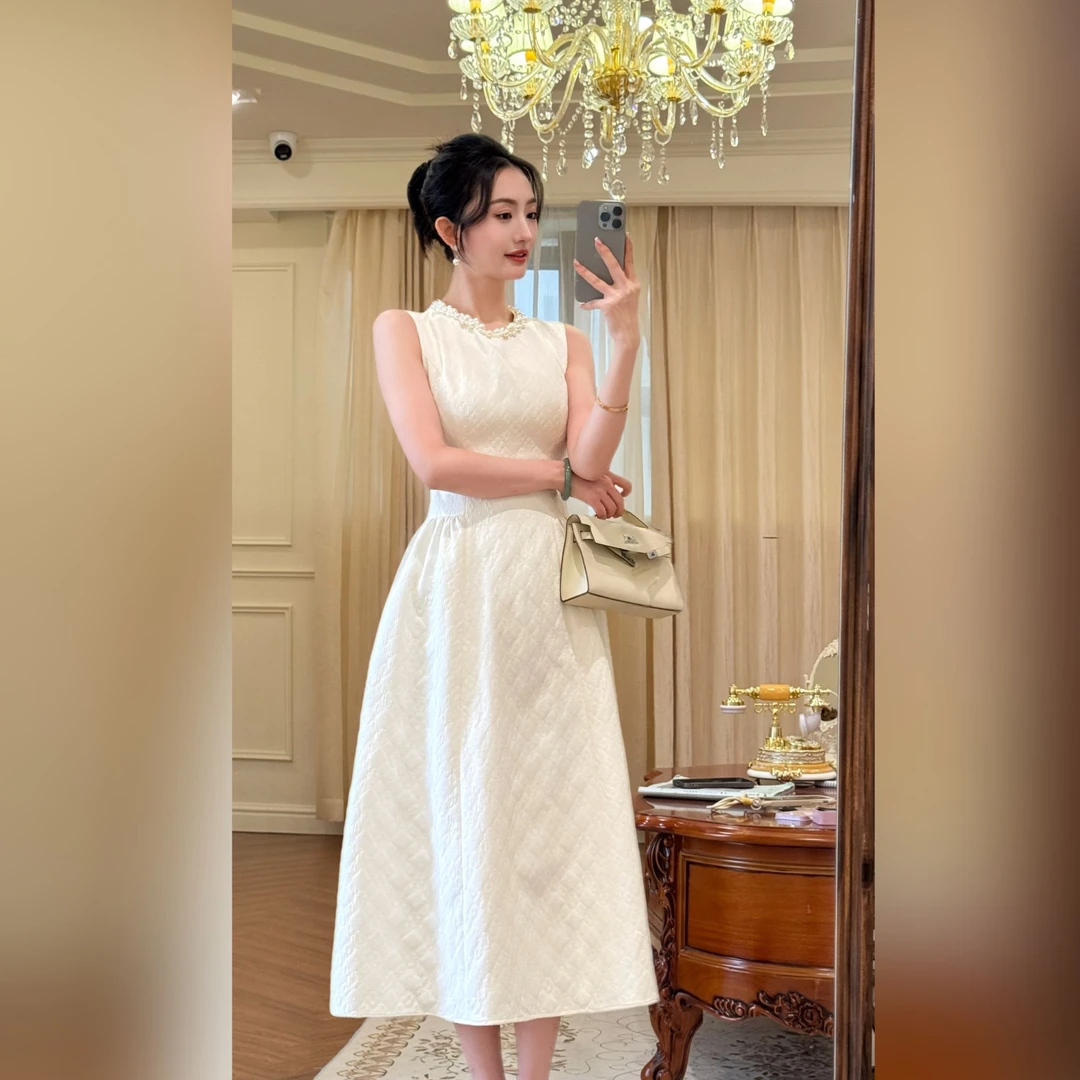YEMAO【佩斯美术馆】法式气质白色优雅夏季简约连衣裙YM0017