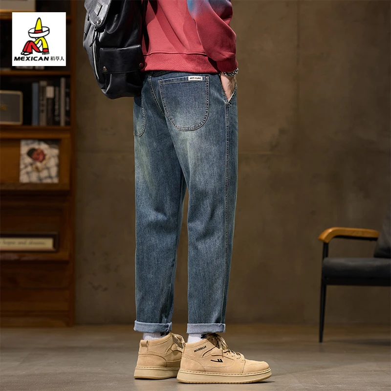 稻草人美式复古男款牛仔裤秋季宽松小直筒锥形休闲长裤子2025新款
