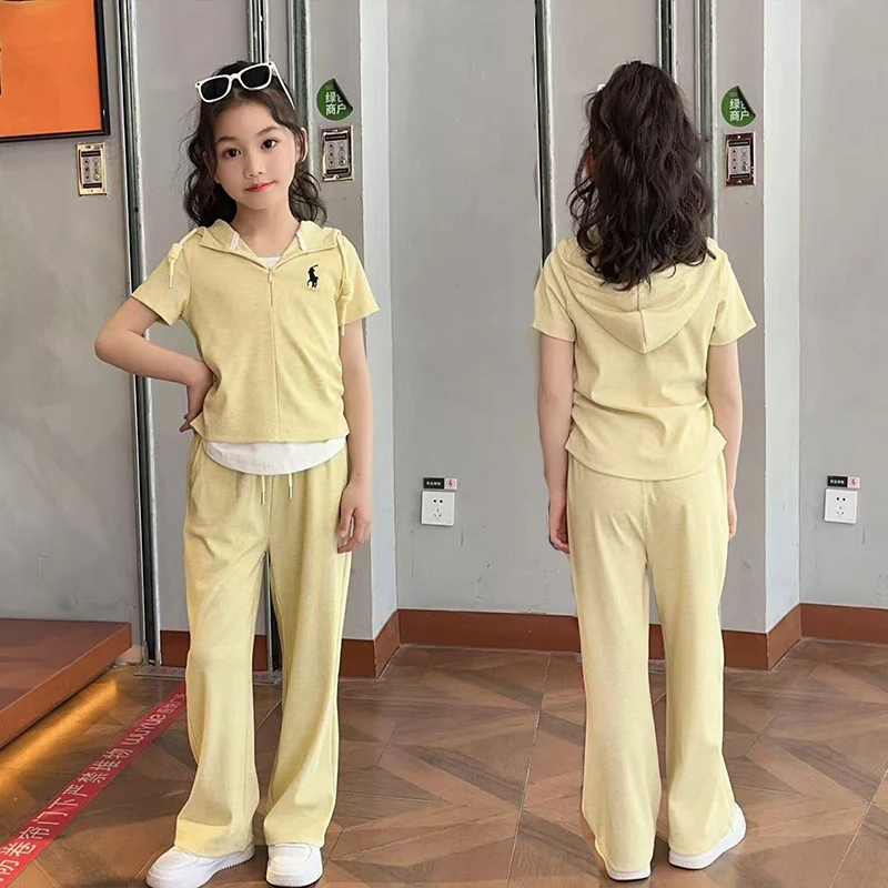 夏季时尚休闲风女韩版夏装薄款显瘦套头民族风女童洋气阔腿套装