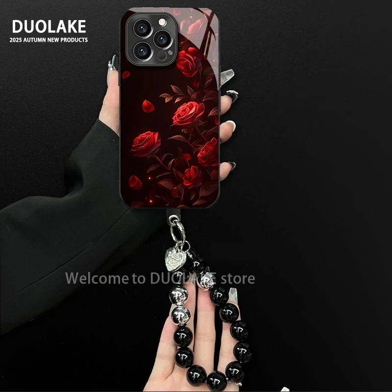 红玫瑰适用苹果vivo华为oppo小米iPhone17电镀玻璃防摔手机壳女款