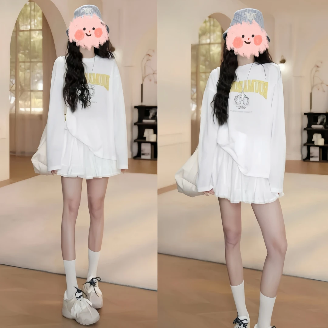 2025夏季新款字母上衣百搭长袖T恤上衣花边蛋糕半裙套装