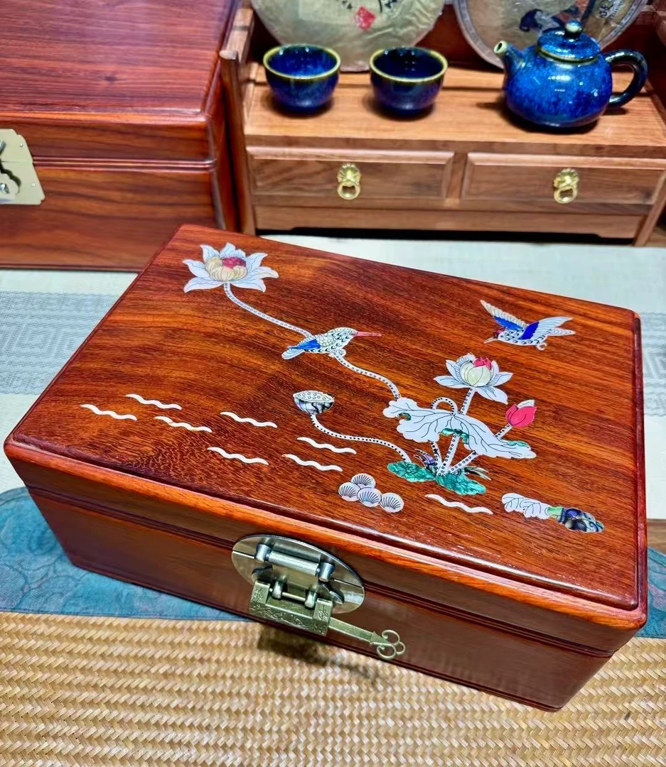 中式实木收纳盒大号螺钿首饰盒桌面杂物证件带锁盒子