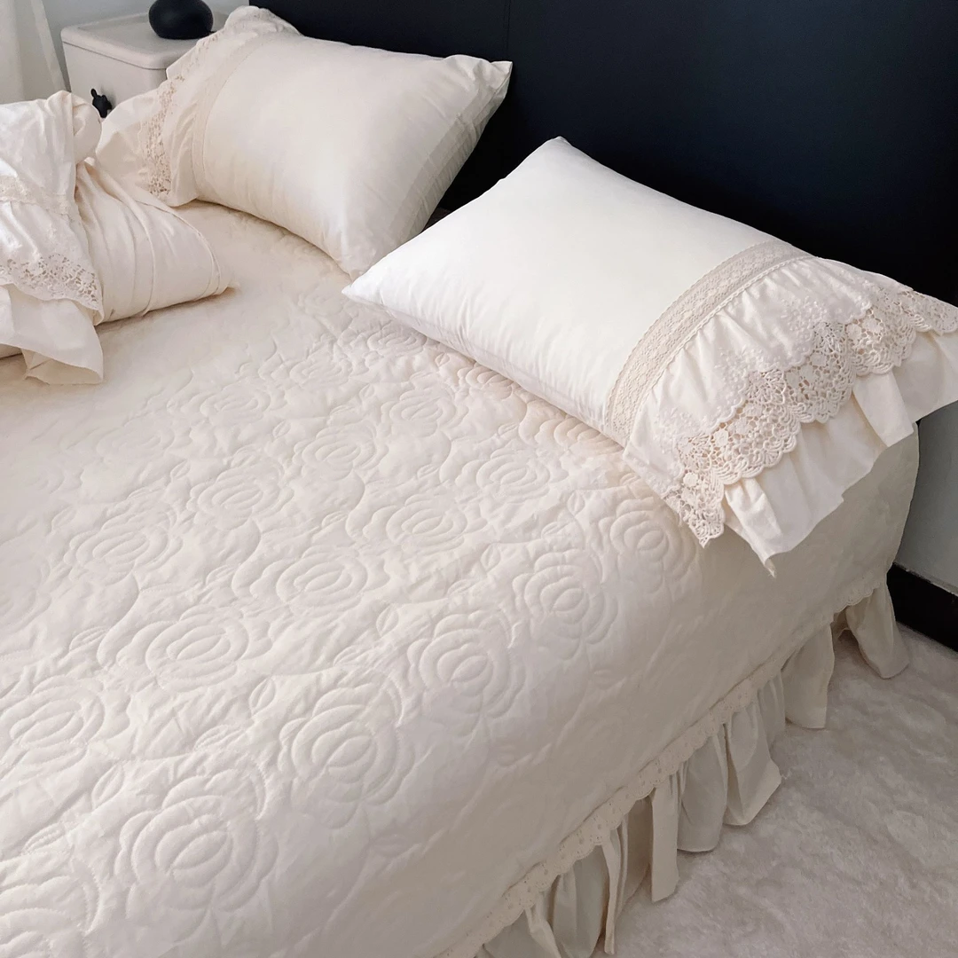 纯棉法式床盖款四件套全棉被套刺绣蕾丝花边床单夹棉公主风床品
