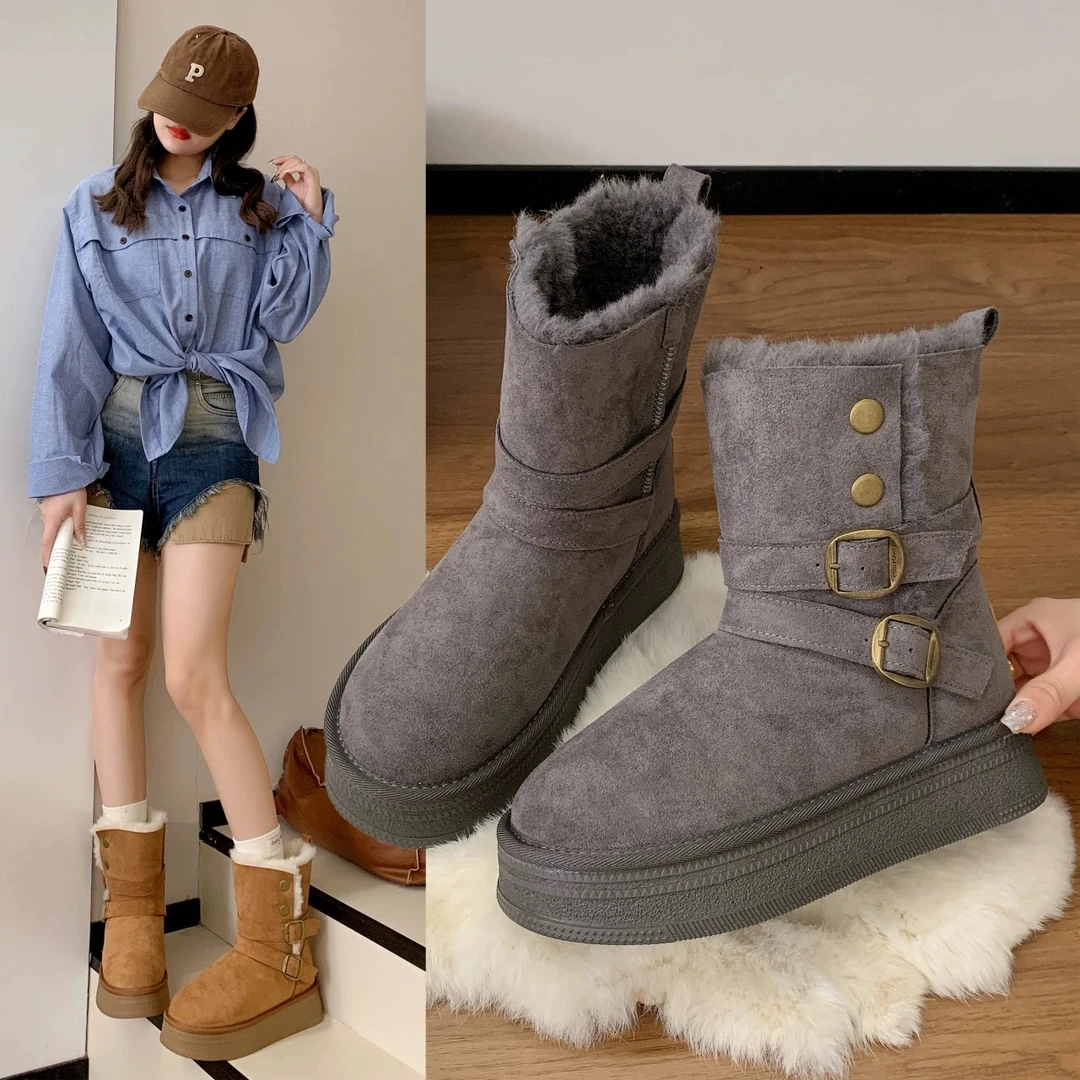 厚底雪地靴女2025秋冬款加绒保暖棉鞋时尚百搭短靴小个子马丁靴ZD
