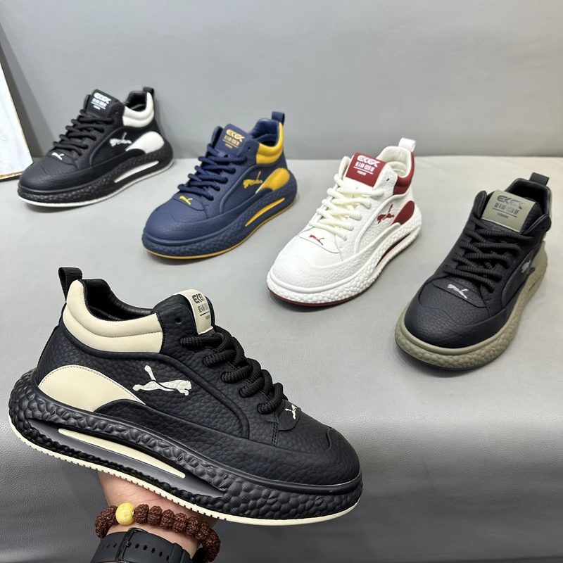 四季新款低帮皮面拼接舒适增高厚底轻奢时尚休闲鞋百搭防滑男鞋