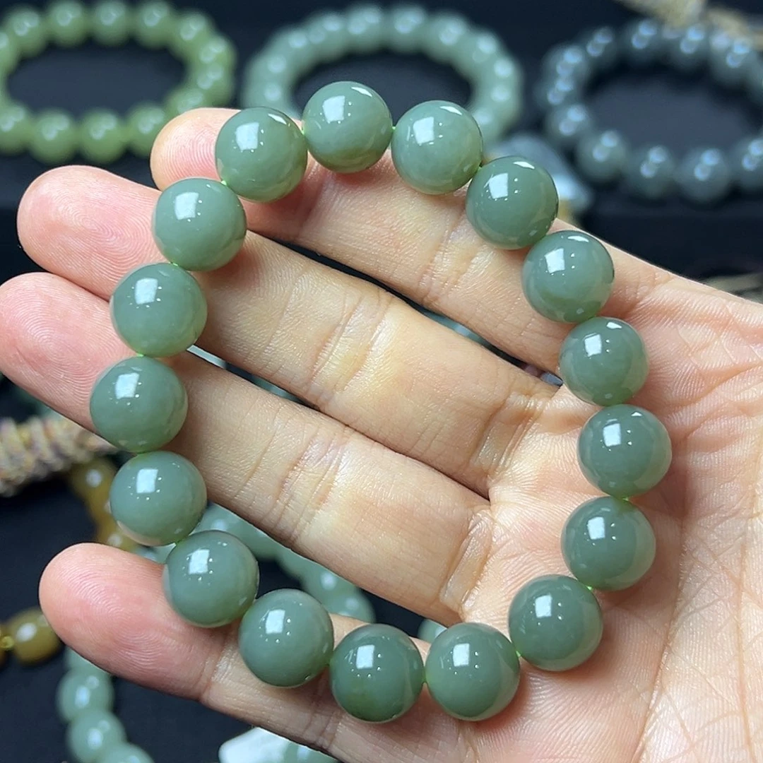 和田玉手链未镶嵌有****人新疆且末蓝卡12圆珠 油润漂糖