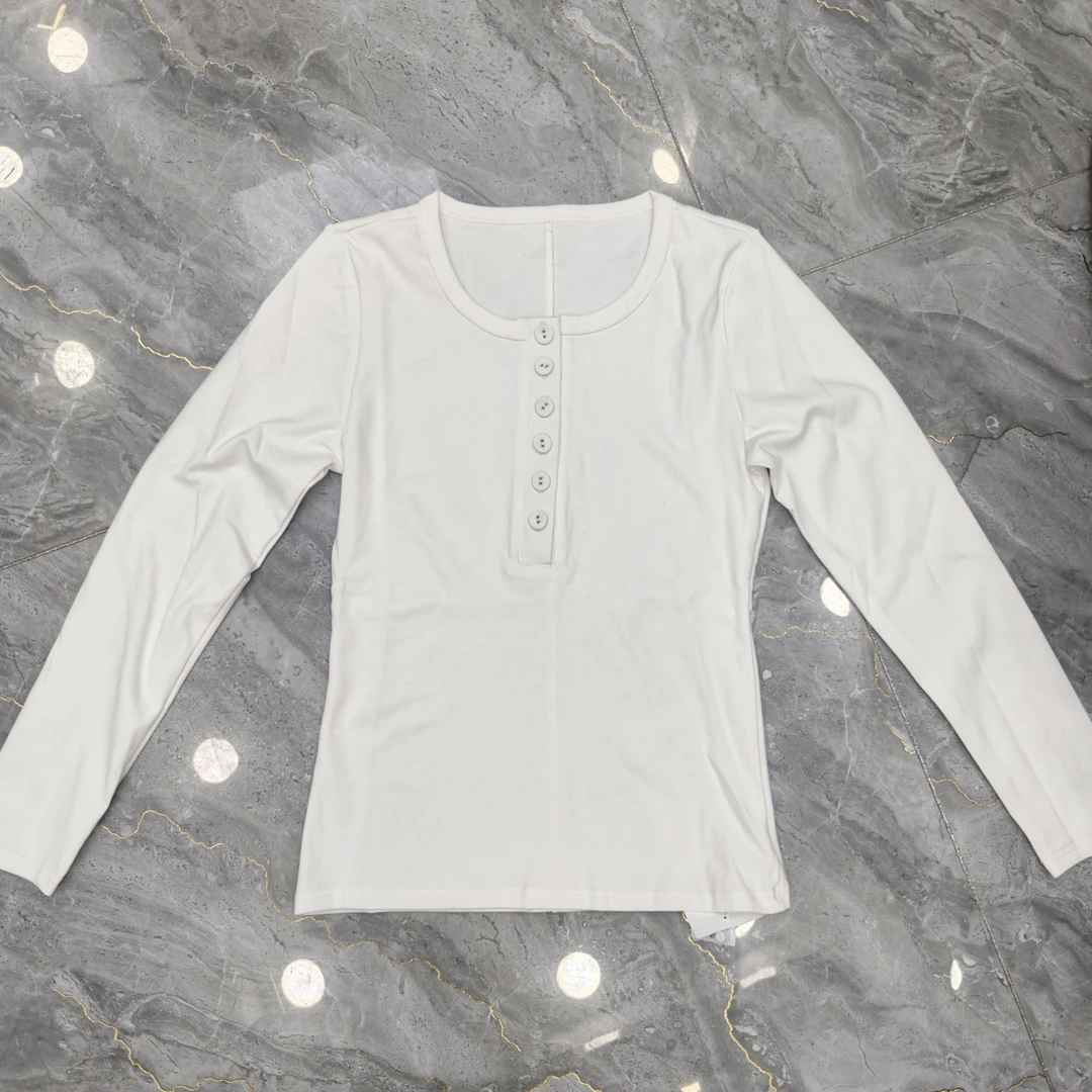 秋季新款长袖气质纽扣设计感洋气百搭修身显瘦打底T恤打底衫女