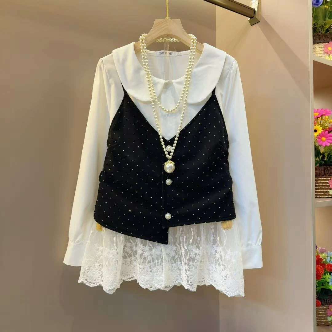 早秋欧韩超火网红小众纱网拼接假两件T恤衫衣长67左右