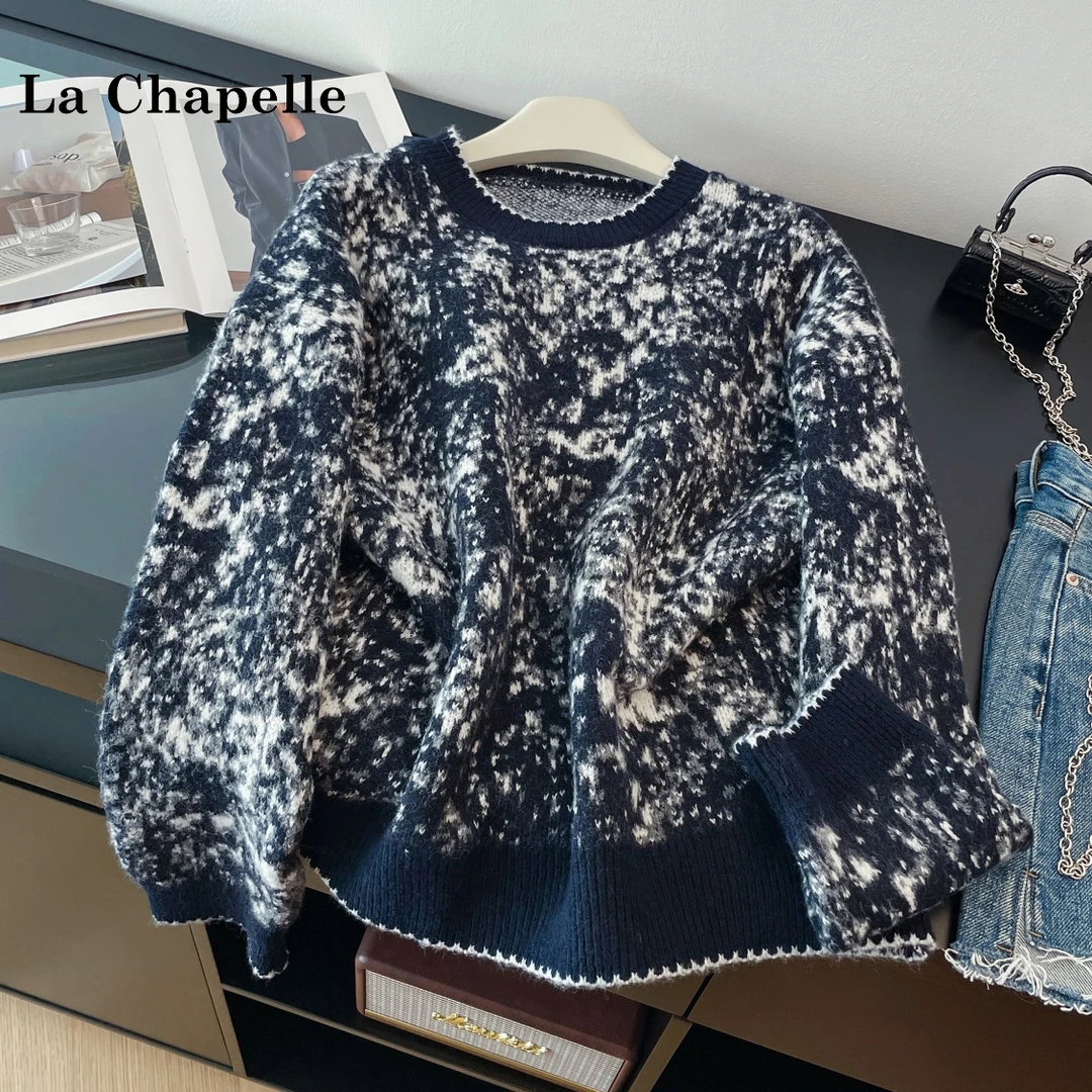 拉夏贝尔复古加厚保暖晕染圆领毛衣女秋冬打底宽松慵懒风洋气上衣