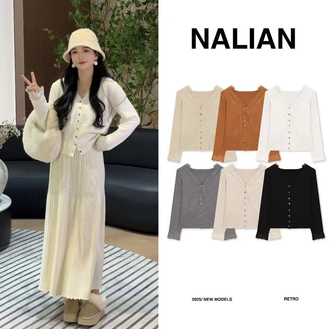 拿恋JGCDS8921#V领蕾丝毛衣打底上衣8921