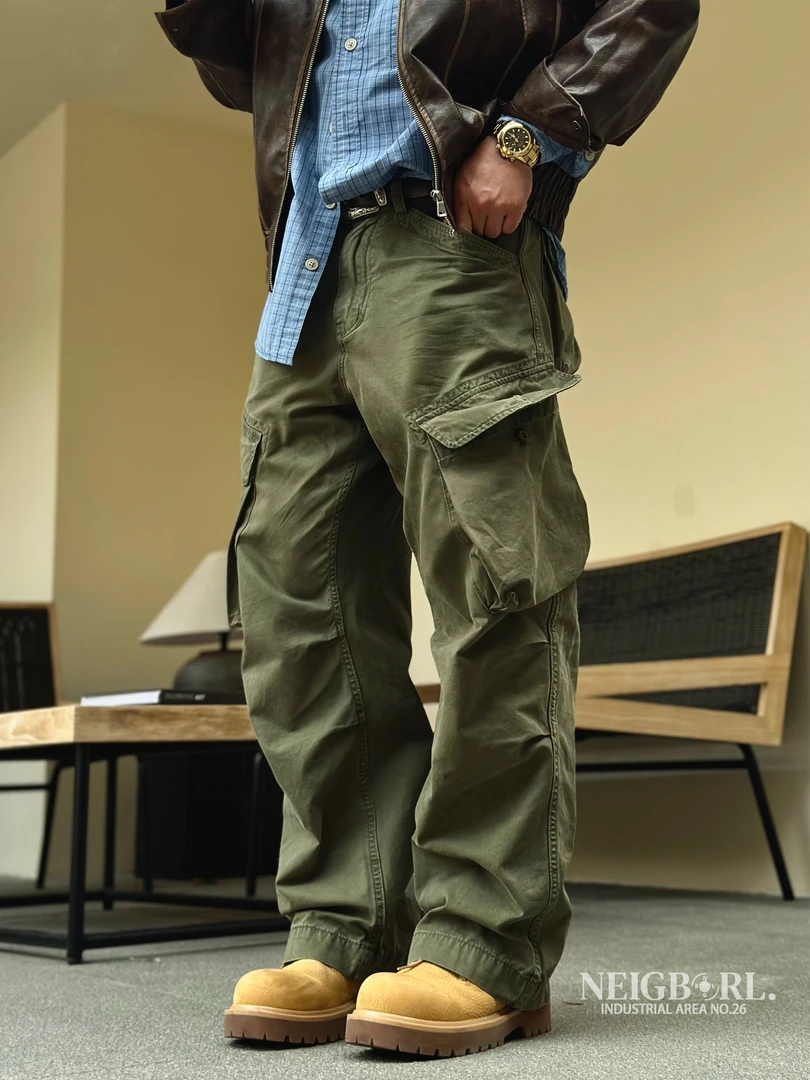 【公升组】钊叔制美式复古休闲宽松工装裤直筒潮流军绿色户外男裤
