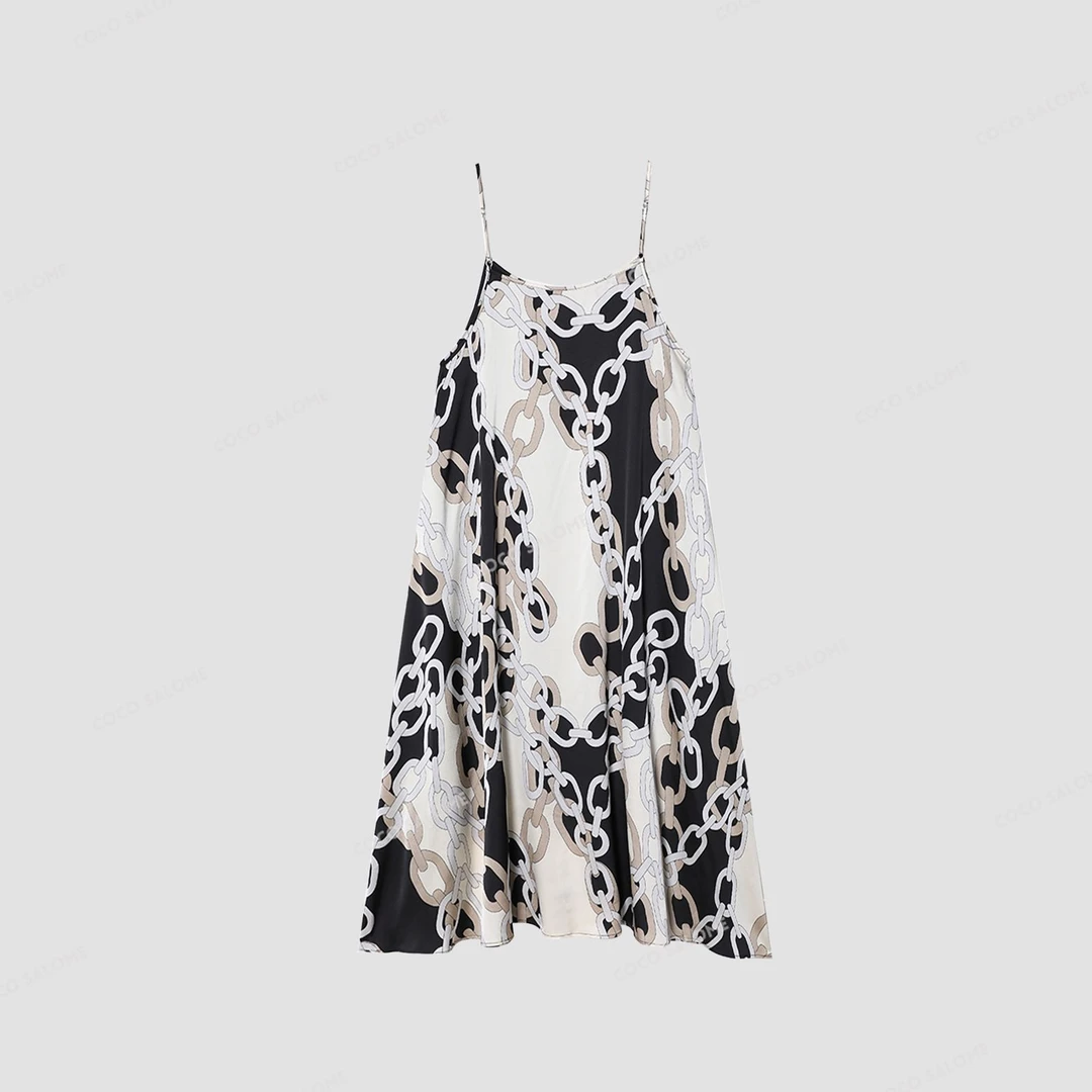 安安推荐【链条美学】金属链条撞色印花宽松吊带连衣裙BL-G020