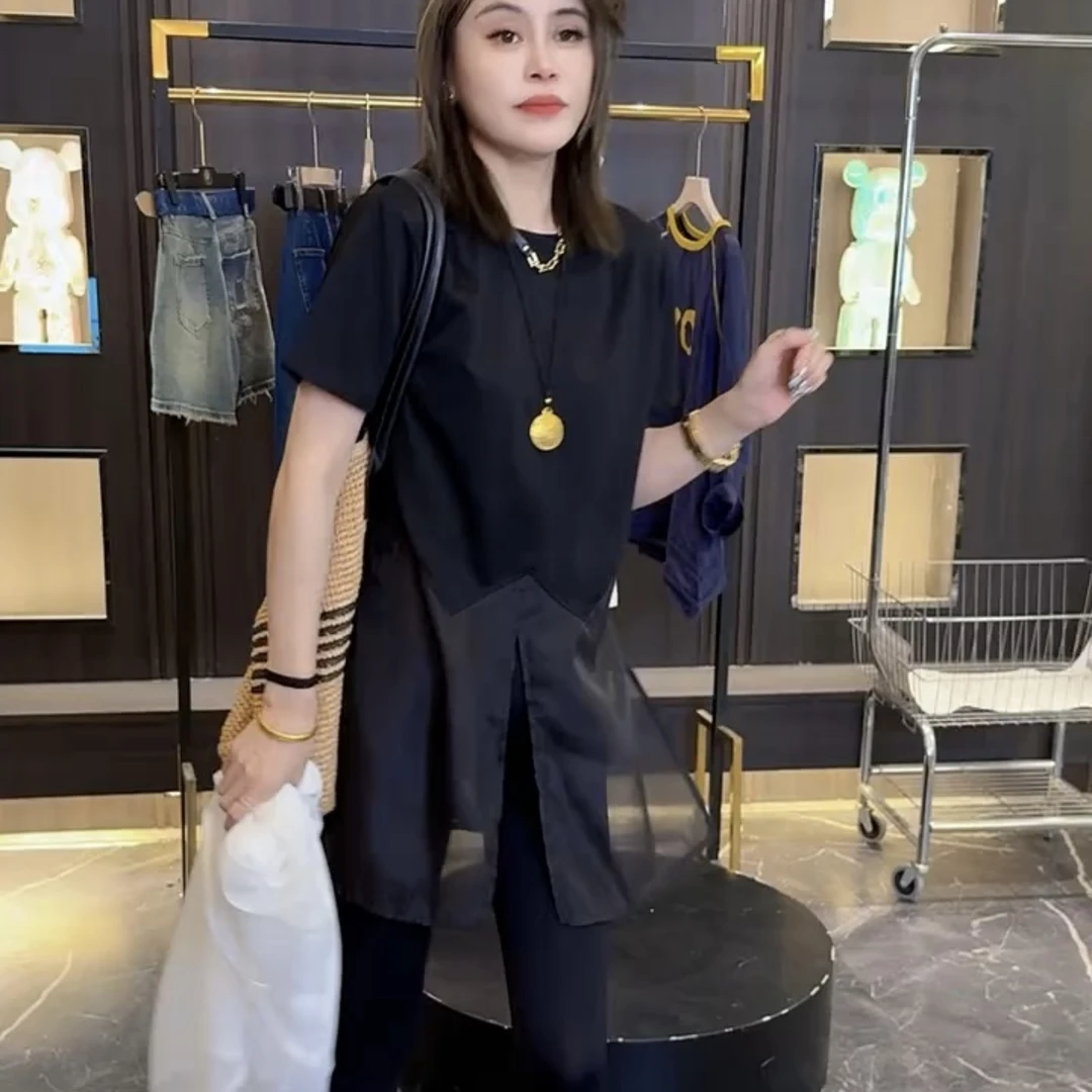 鑫时尚圆领字母休闲风拼接短袖T恤夏季减龄套装黑色