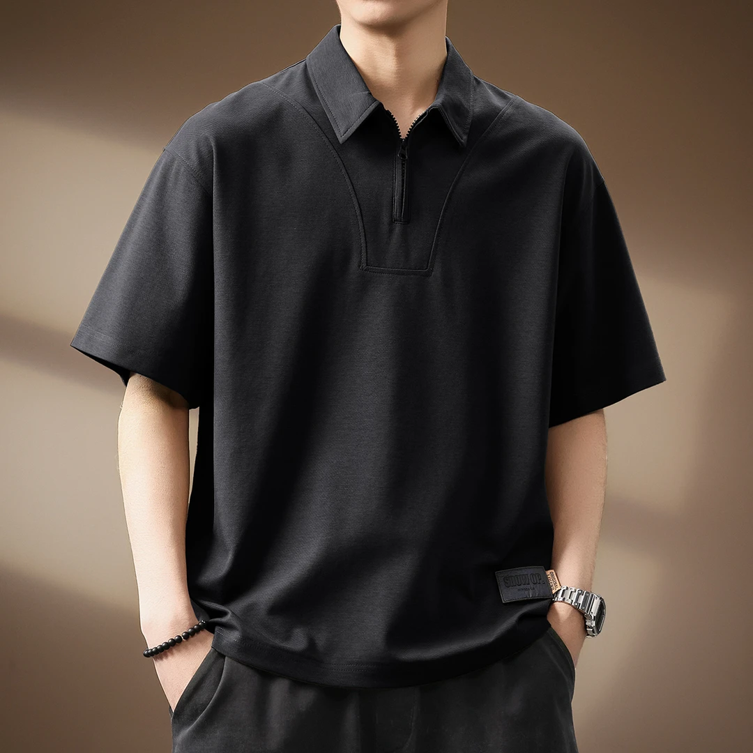 贵色高端复古莱赛尔短袖Polo衫男士男款夏季宽松大码保罗体恤衫