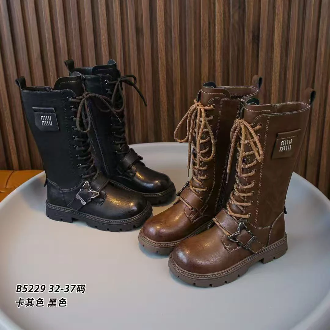 儿童加绒长筒靴秋冬复古时尚百搭骑士靴