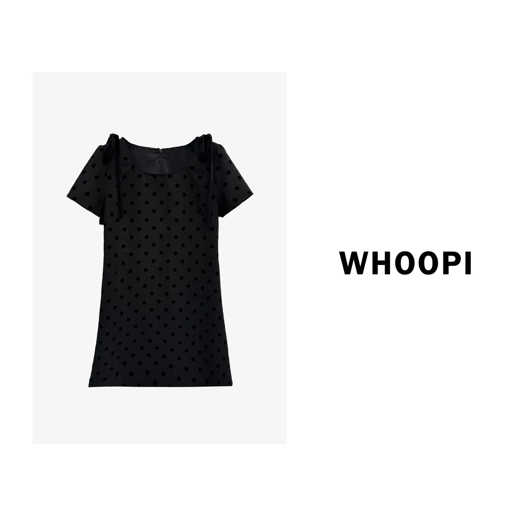 【Whoopi】【黑莓可露丽】法式蝴蝶结系带圆领复古波点收腰小黑裙