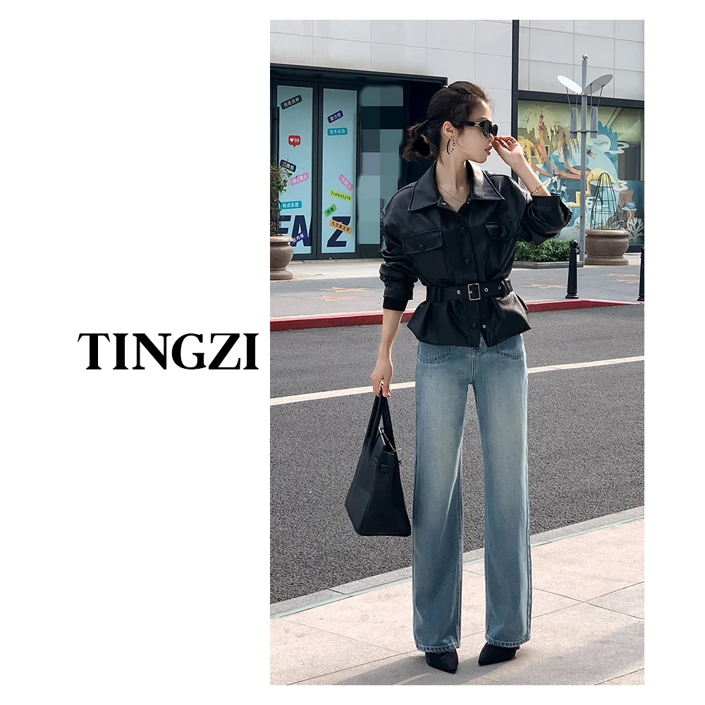 DUOXINIU/多喜牛/TingZi2025牛仔裤女款通勤窄版阔腿裤高腰垂坠感