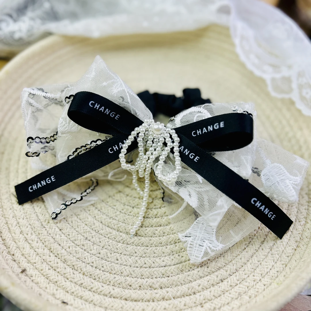 HC0431 黑色米色亮片纱纱刺绣蝴蝶结肠圈
