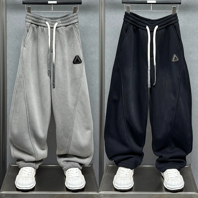 2025冬季加绒保暖简约运动风休闲裤男美式渐变色宽松直筒抽绳卫裤