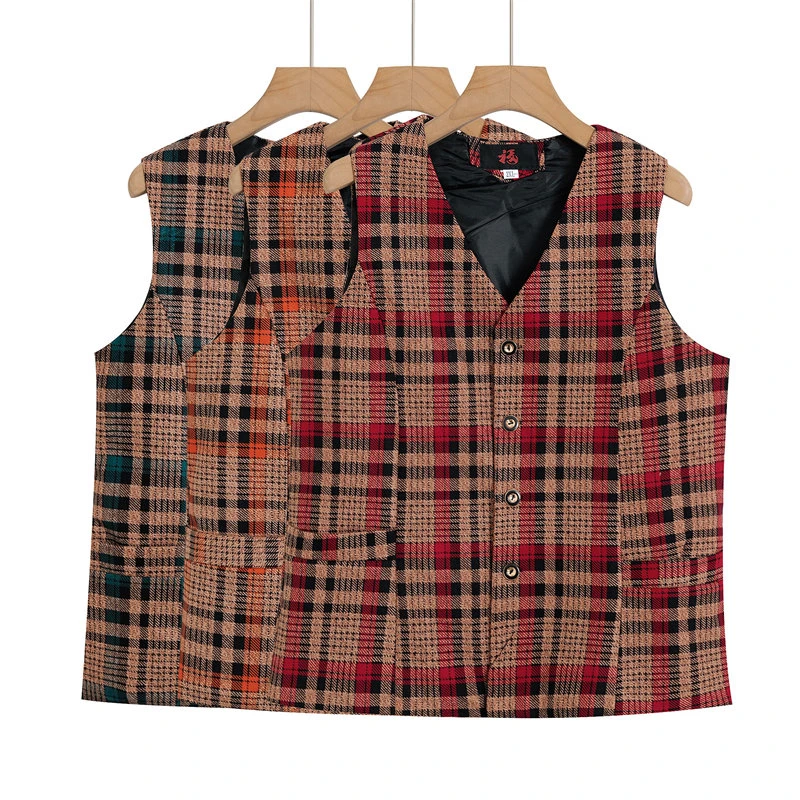格子马甲女春秋款中老年宽松妈妈装马夹短款老人背心坎肩大码开衫