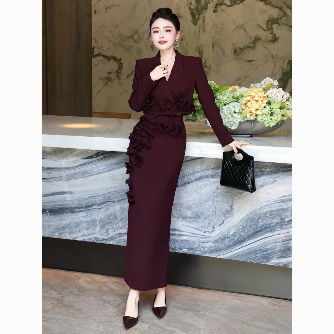 ZEROYK轻奢职业套装2025秋款重工立体剪花西服半身裙两件套