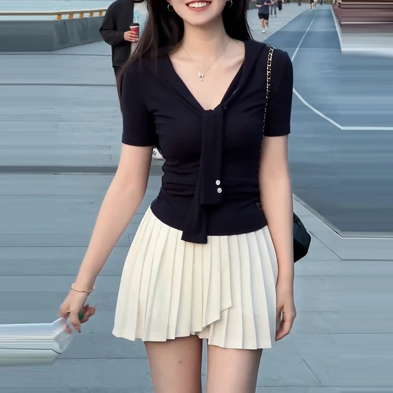 时尚设计感绑带短袖V领T恤女夏季新款韩版修身显瘦百搭通勤上衣潮