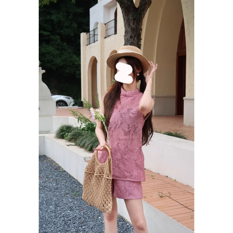 欧货新中式国风套装女夏季新款镂空提花马甲背心阔腿短裤两件套潮